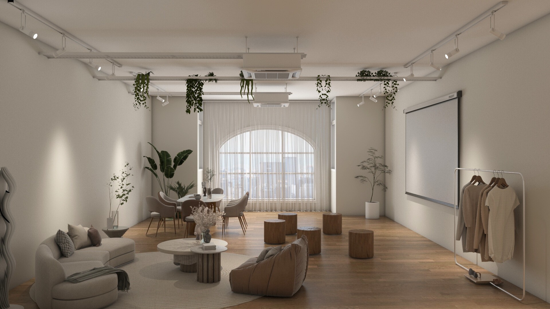 Reception, event space & dining interior rendering at Capyness
