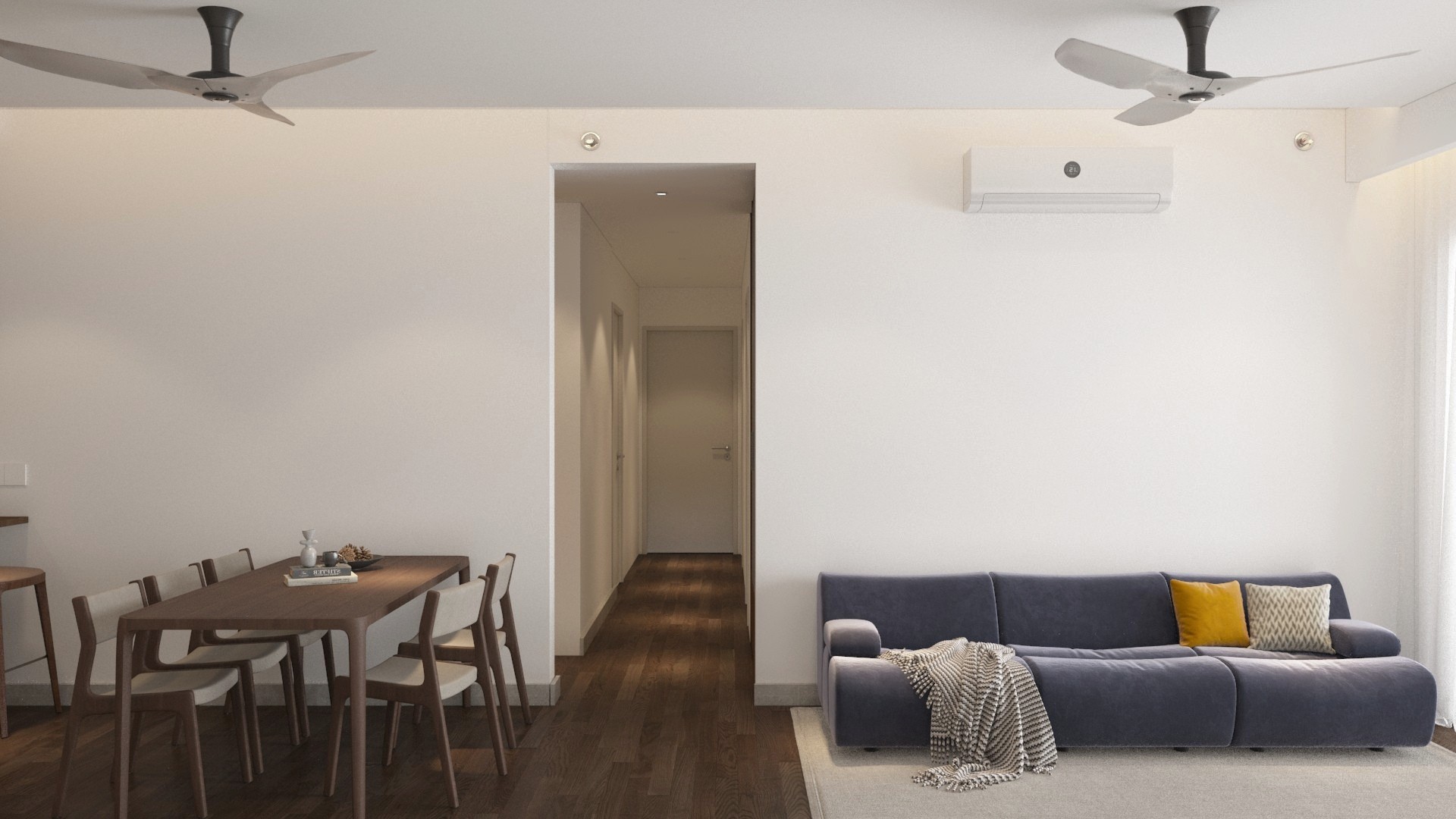 Living, dining, kitchen & master suite interior rendering at D’Terra