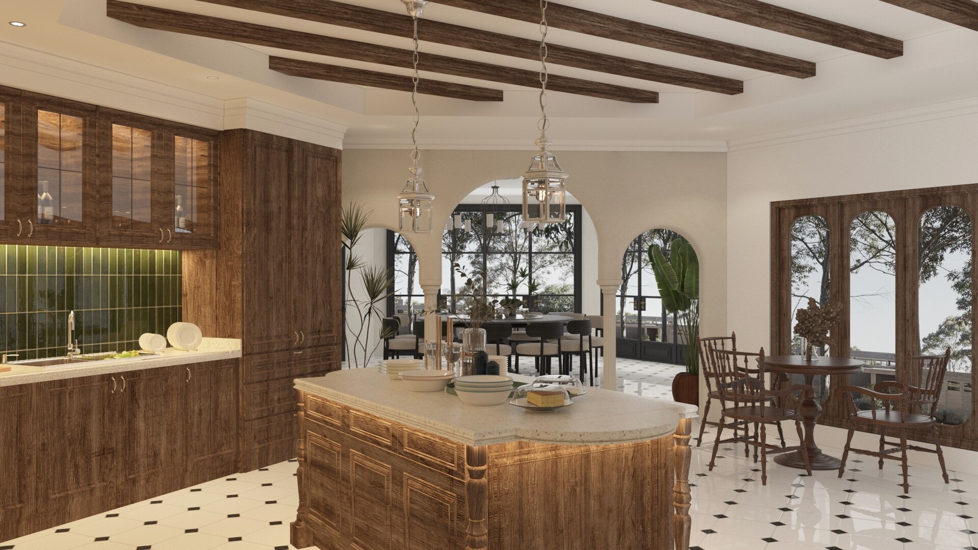 Kitchen, dining & private spaces interior rendering at Damansara Heights